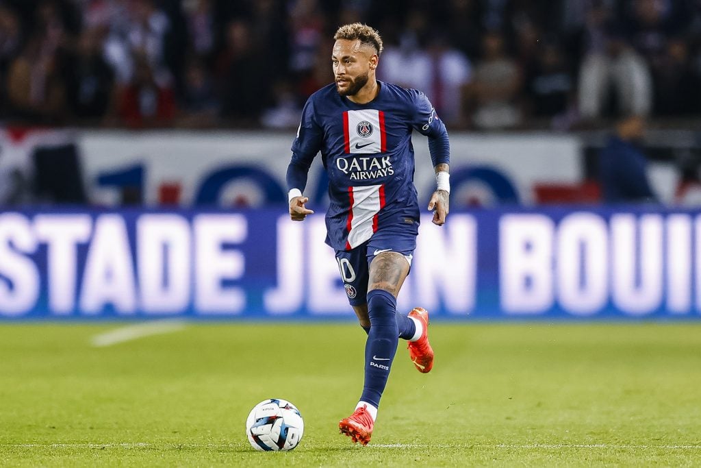 Neymar of Paris Saint Germain in action a Ligue 1 match in October 2022, within days of appearing in a Spanish court. (Photo by Antonio Borga/Eurasia Sport Images/Getty Images)