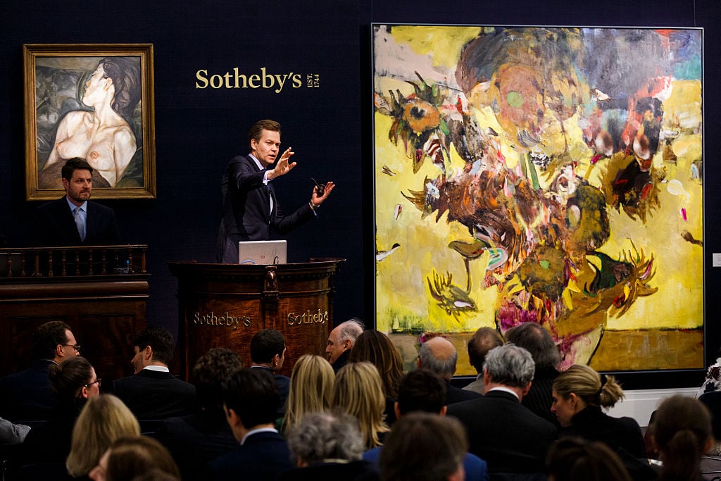Adrian Ghenie's <i>Sunflowers in 1937</i> (2014) is sold at the Contemporary Art Evening Sale at Sotheby's on February 10, 2016 in London, England. Photo by Tristan Fewings/Getty Images for Sotheby's.