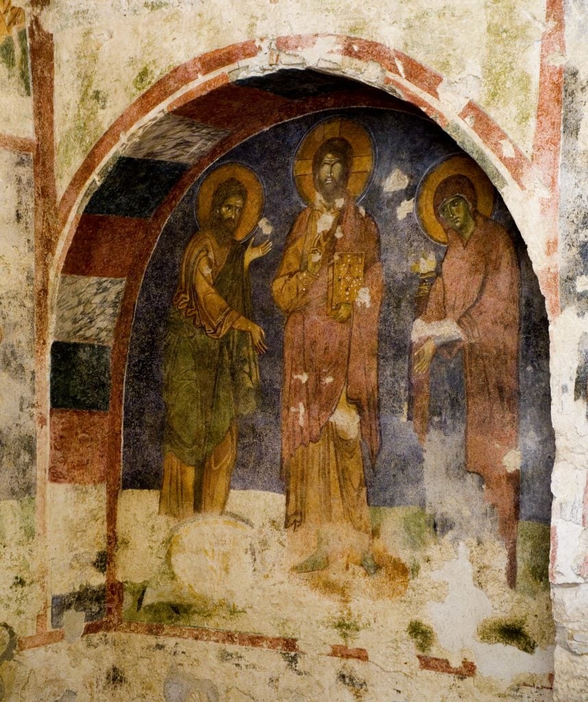 A fresco of Jesus in St. Nicholas Church in Demre, Turkey, where experts believe St. Nicholas's tomb would have originally been located. Photo by Raimund Franken/ullstein bild via Getty Images.