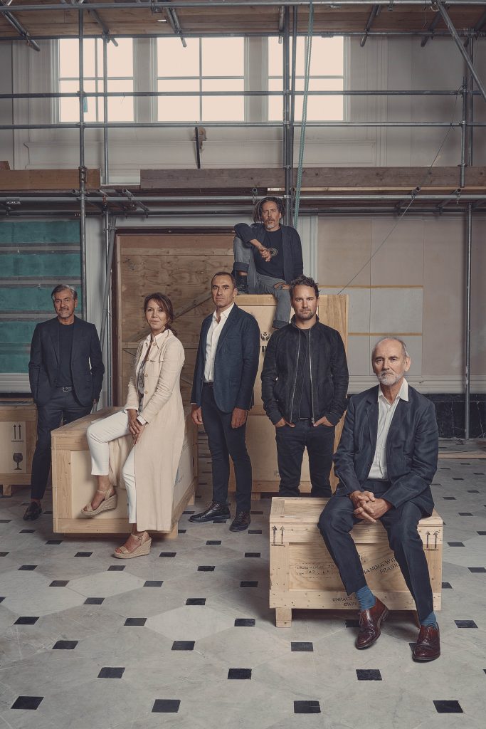Some of Ladbroke Hall's collaborators (left to right): Vincenzo De Cotiis, Ingrid Donat, Loïc Le Gaillard, Nacho Carbonell, Julien Lombrail, Sir Christopher Le Brun PPRA. Photo: Tom Jamieson. Courtesy of Ladbroke Hall and Carpenters Workshop Gallery.