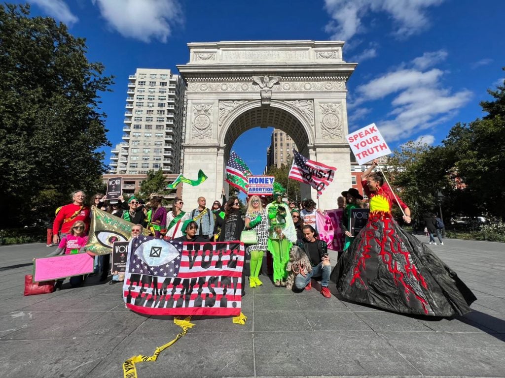 The <em>Vote for Abortion Rights Parade</em>, a performance art piece organized by Michele Pred and the (Re)Sistxrs collective, at Washington Square Park in New York. Photo by Erica Lanser, courtesy of Michele Pred. 