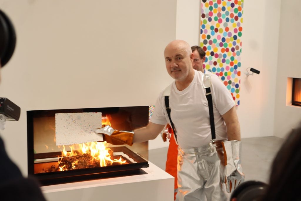 Damien Hirst at Newport Street Gallery for the grand finale of The Currency.  Photo by Naomi Rea.