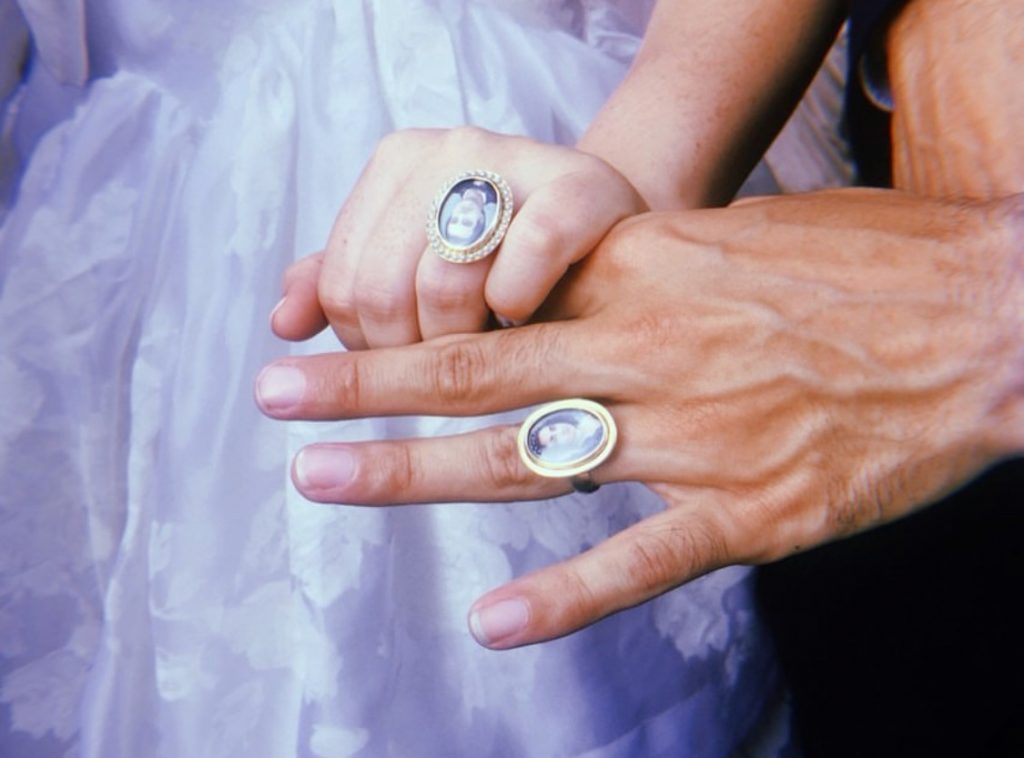 that of the couple "wonderfully freaky" wedding rings.  Courtesy of Saatchi Yates.