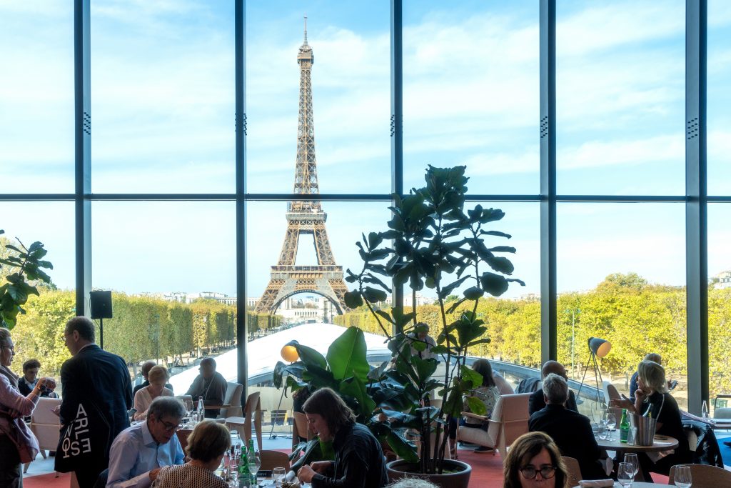 The view of the Eiffel Tower from the Grand Palais Ephèmére, Paris+'s temporary venue. Courtesy of Paris+ par Art Basel.