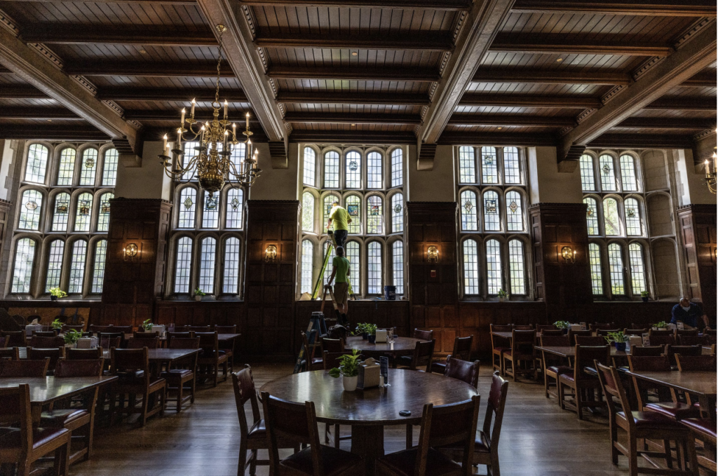 View of Barbara Earl Thomas’s medallions being installed in the Hopper College Dining Room at Yale University. Photo courtesy of Yale University, New Haven. 