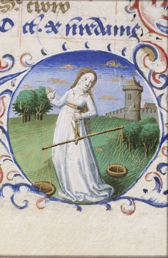 Illustration of Libra from the Book of Hours of Simon de Varie (1455). Collection of the Royal Library of the Netherlands, The Hague.