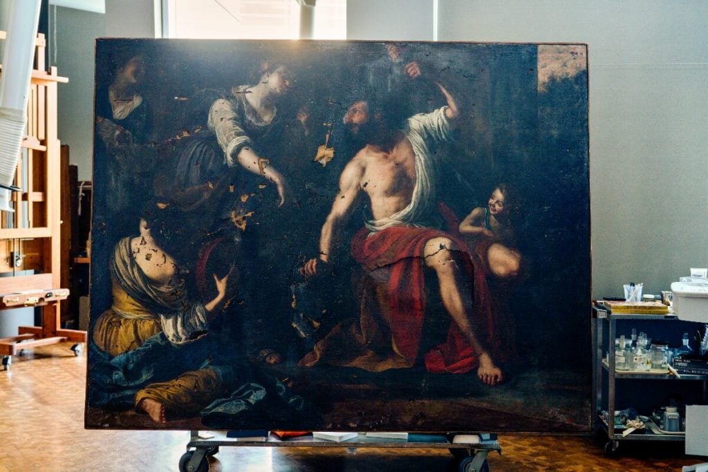 Artemisia Gentileschi's <em>Hercules and Omphale</eM> is being restored at the J Paul Getty Museum in Los Angeles. Photo by Cassia Davis, ©2022 J. Paul Getty Trust/Sursock Palace Collections, Beirut, Lebanon.
