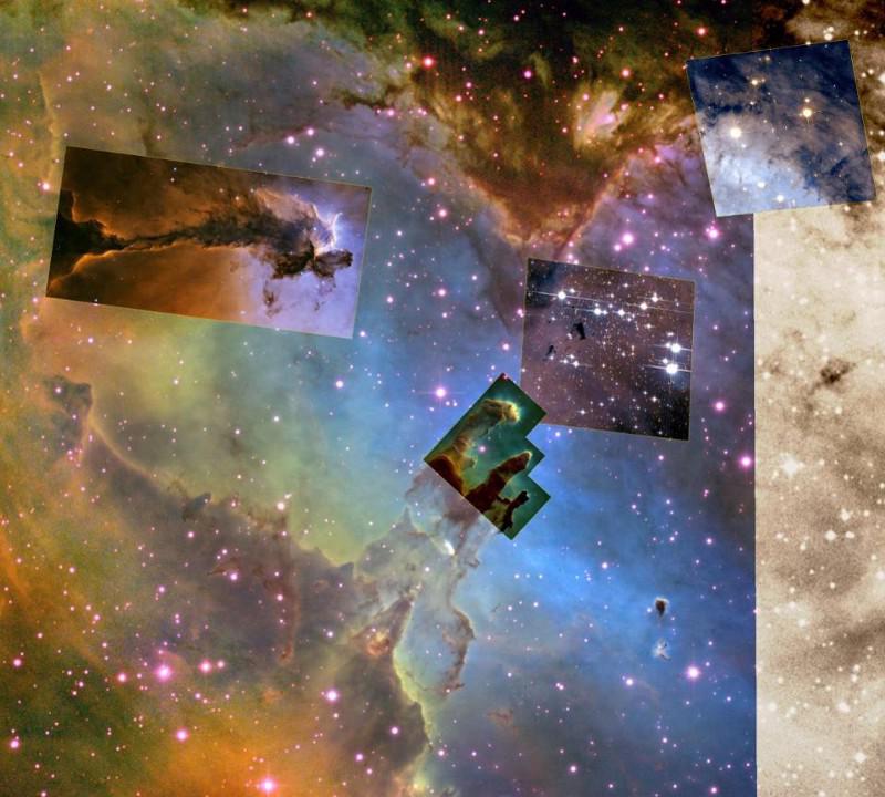 A composite of the Hubble Space Telescope's images of the Eagle Nebula, featuring overlays of a 2005 shot of the Fairy or Stellar Spire, the 1995 view of the Pillars of Creation, and two details of star clusters from 2008. Photo courtesy of NASA, STScI, Hubble Space Telescope, ESA.
