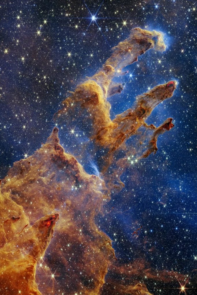 A new, near-infrared-light view of the Eagle Nebula's Pillars of Creation from NASA’s James Webb Space Telescope. Courtesy of NASA, ESA, CSA, STScI; Joseph DePasquale (STScI), Anton M. Koekemoer (STScI), Alyssa Pagan (STScI).