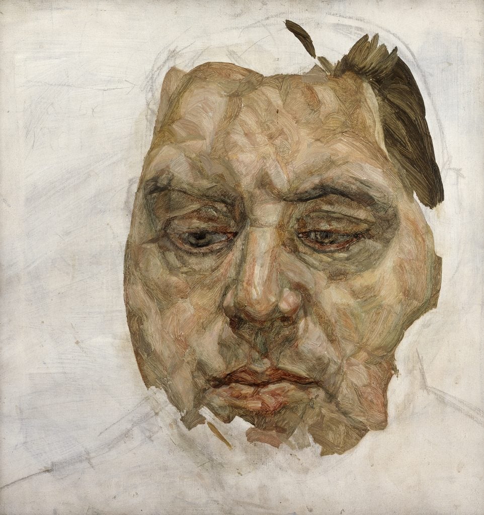 Lucian Freud, Francis Bacon (Unfinished) (1956-7). Lent by Ananda Foundation N.V. ©The Lucian Freud Archive. All Rights Reserved 2022 / Bridgeman Images.