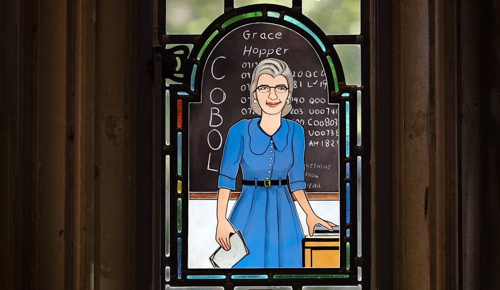 Faith Ringgold's portrait of Grace Hopper installed at Yale University's Grace Hopper College. Photo by Dan Renzetti, courtesy of Yale University, New Haven. 