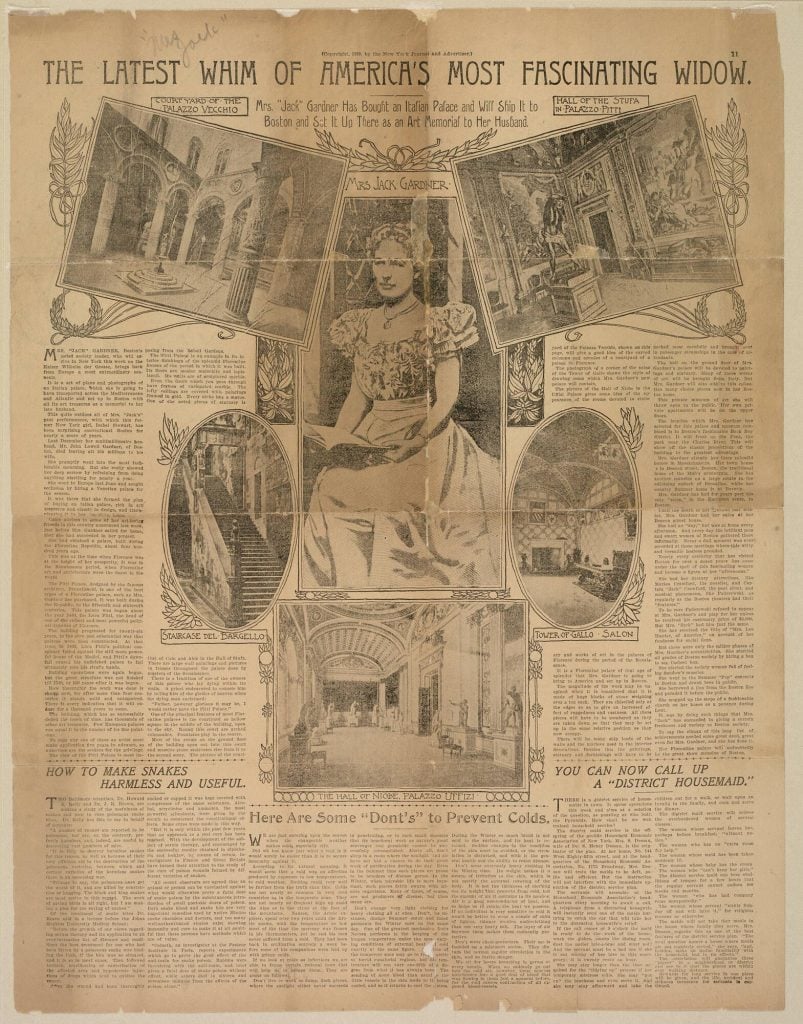 A 1899 New York Journal piece on “The Latest Whim of America’s Most Fascinating Widow” includes a photo of a woman who is decidedly not Isabella Stewart Gardner. Collection of the Isabella Stewart Gardner Museum, Boston. 