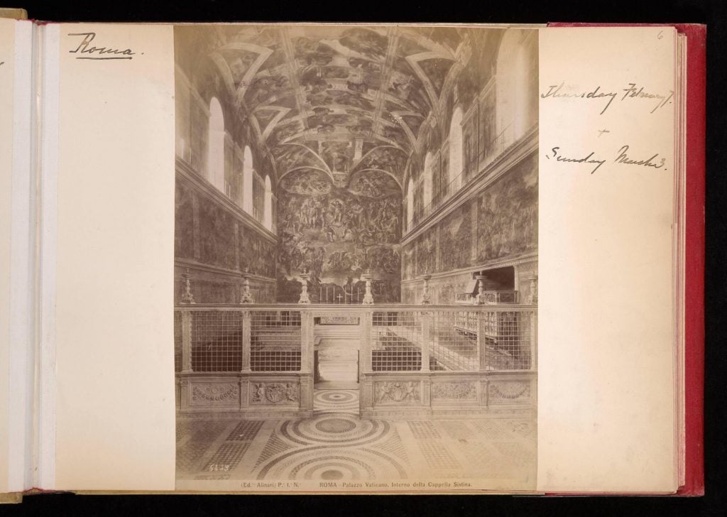A photo of the Sistine Chapel from Isabella Stewart Gardner's travel album from her 1895 trip to Italy. Collection of the Isabella Stewart Gardner Museum, Boston.