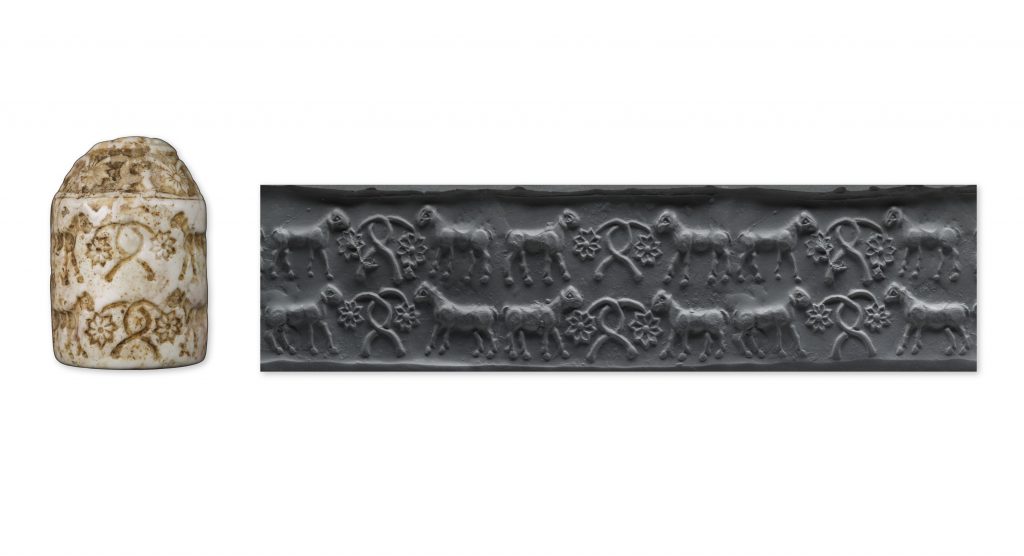 Cylinder seal (and modern impression) with sheep and stylized plants Mesopotamia, Sumerian Late Uruk–Jemdet Nasr period (ca. 3300–2900 B.C.E.). Photo by Klaus Wagensonner (seal) and Graham S. Haber (impression).