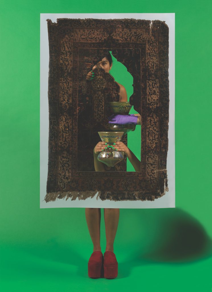 Baseera Khan, <em>Mosque Lamp and Prayer Carpet Green</eM> from "Law of Antiquities" (2021). Collection of the Brooklyn Museum, Elizabeth A. Sackler Center for Feminist Art, purchase gift of Kathy and Steven Guttman. Photo courtesy of the artist, ©Baseera Khan.