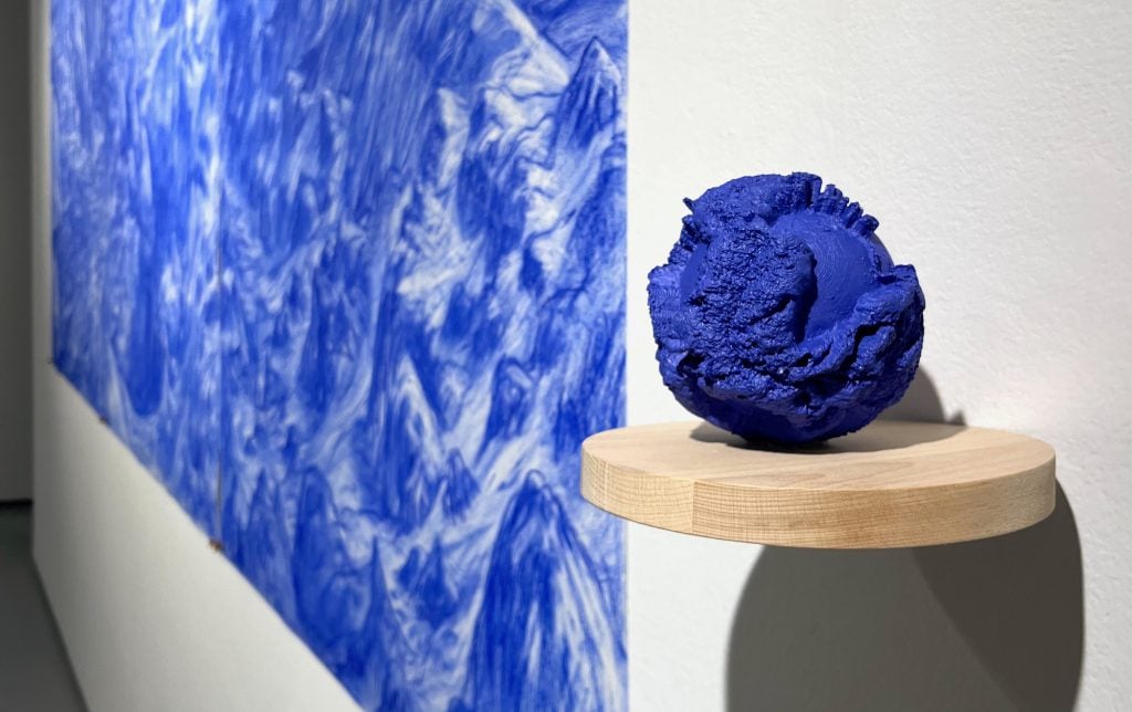 Rafael Villares, Unknown Land VII (Caribbean, Atlantic, and Adriatic Seafloor), 2022 (detail). A thief stole the installation's blue sphere from an exhibition of MFA student work at the Yale School of Art. Photo courtesy of Rafael Villares.