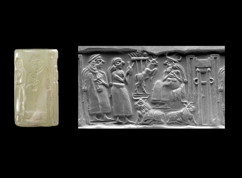 Cylinder seal (and modern impression) with two female figures presenting offerings Mesopotamia, Sumerian, possibly Umma (modern Tell Jokha) Early Dynastic IIIa period (ca. 2,500 B.C.E.) Photo by Olaf M. Teßmer, ©Staatliche Museen zu Berlin-Vorderasiatisches Museum.