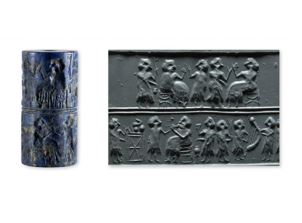 Cylinder seal (and modern impression) of Queen Puabi Mesopotamia, Sumerian, Ur (modern Tell el-Muqayyar), PG 800, Puabi’s Tomb Chamber, against Puabi’s upper right arm Early Dynastic IIIa period (ca. 2,500 B.C.E.) Photo courtesy of the Penn Museum.