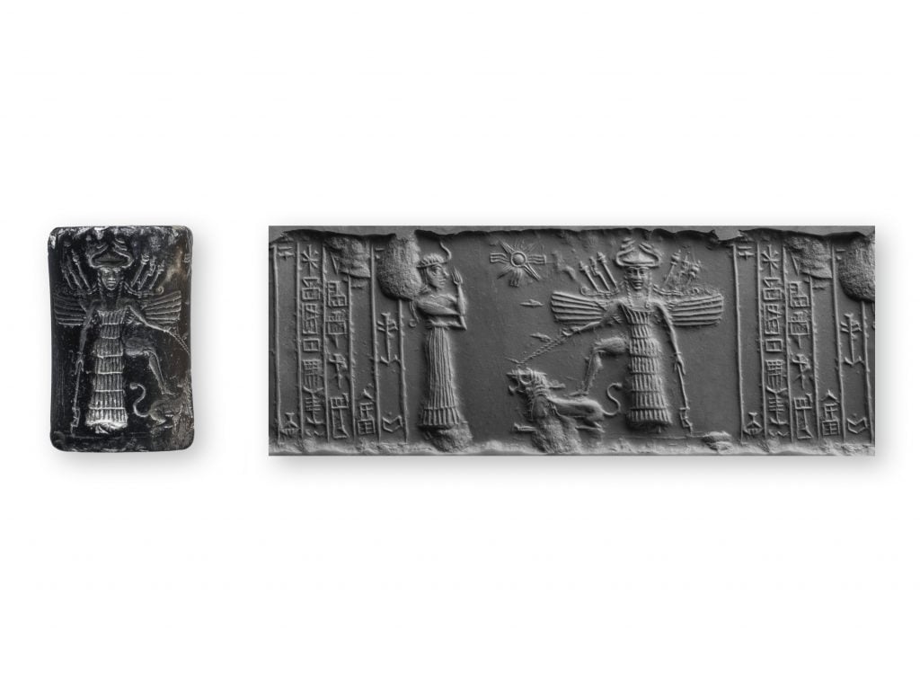 Cylinder seal (and modern impression) with goddesses Ninishkun and Ishtar Mesopotamia, Akkadian Akkadian period (ca. 2,334–2,154 B.C.E.). Photo courtesy of the Oriental Institute of the University of Chicago.