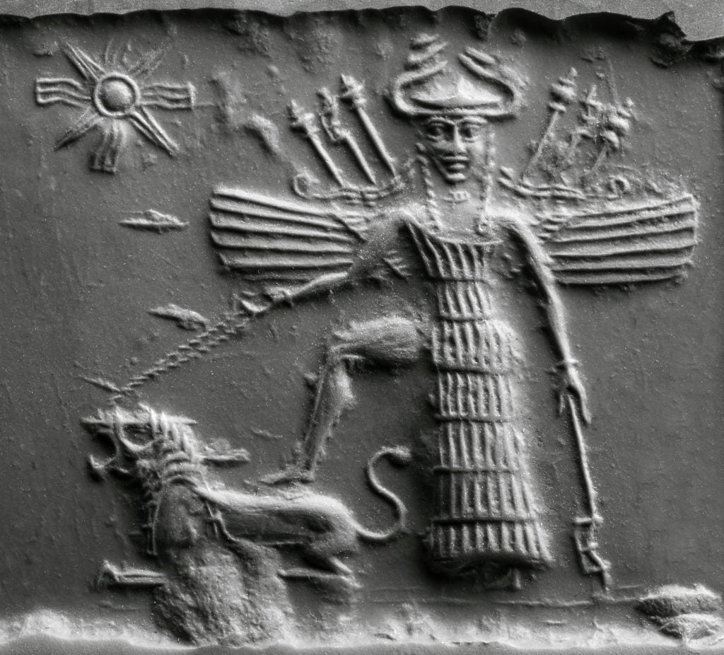 Modern impression from a cylinder seal with goddesses Ninishkun and Ishtar Mesopotamia, Akkadian Akkadian period (ca. 2,334–2,154 B.C.E.), detail. Photo courtesy of the Oriental Institute of the University of Chicago.