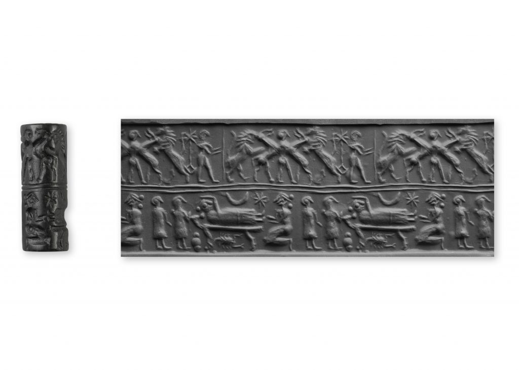 Cylinder seal (and modern impression) with birth scene Mesopotamia, Sumerian Early Dynastic III period (ca. 2,600–2,350 B.C.E.). Photo courtesy of the Oriental Institute of the University of Chicago.