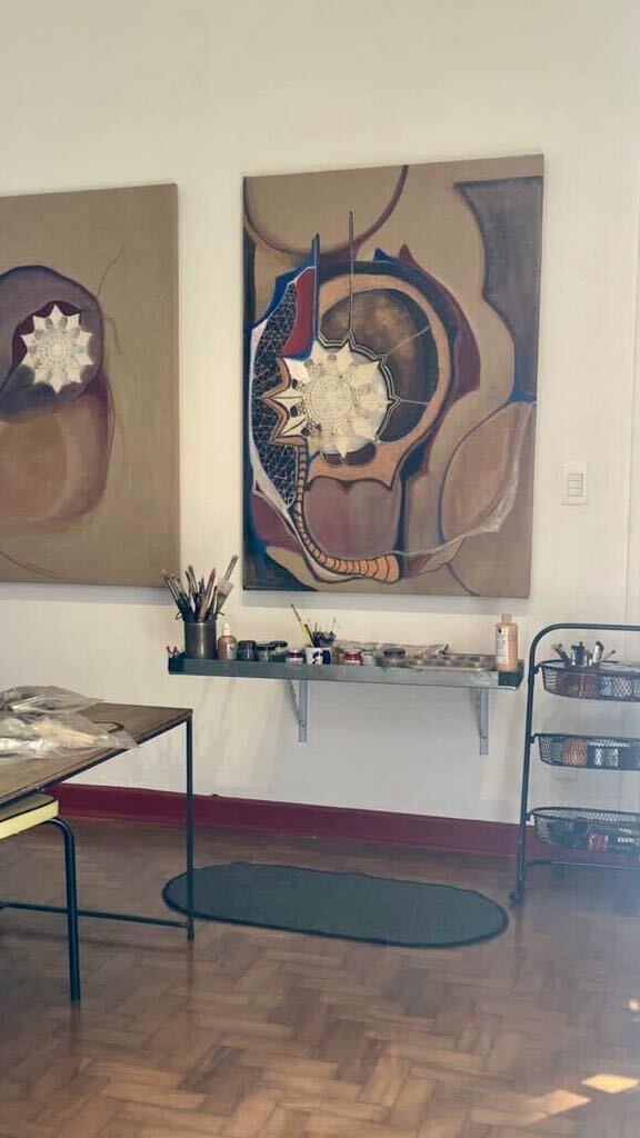 A workspace in Sonia Gomes's studio. Photo courtesy of the artist and Pace Gallery.