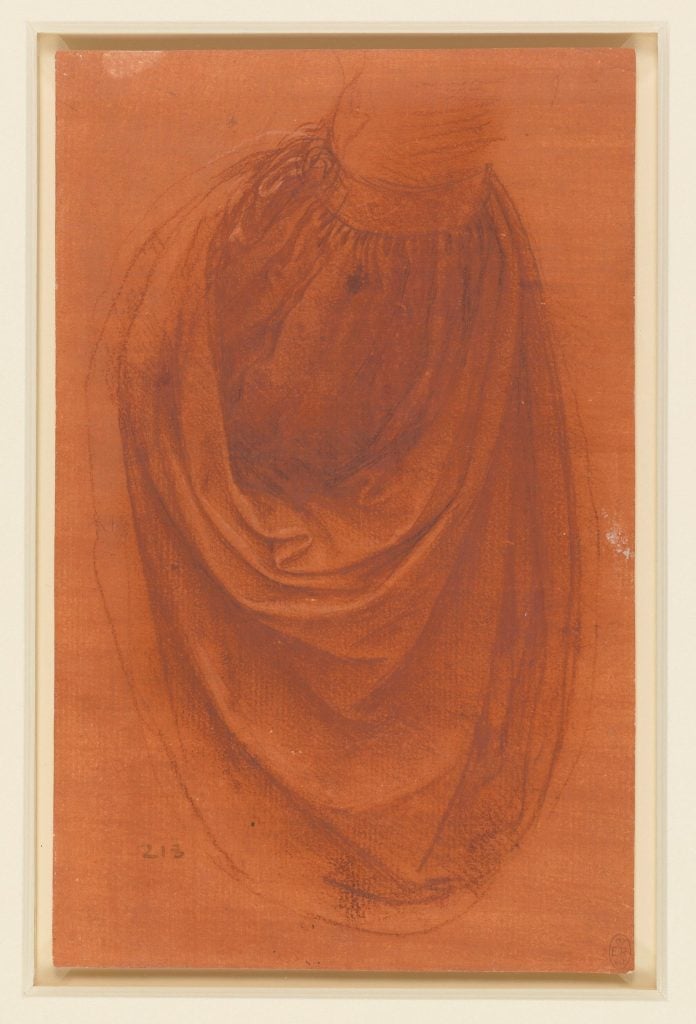 Leonardo da Vinci, <em>The drapery of a sleeve</em> (ca. 1504–08). This is a preparatory drawing for <em>Salvator Mundi</em>. Courtesy of the Royal Collection Trust at Windsor Castle. 