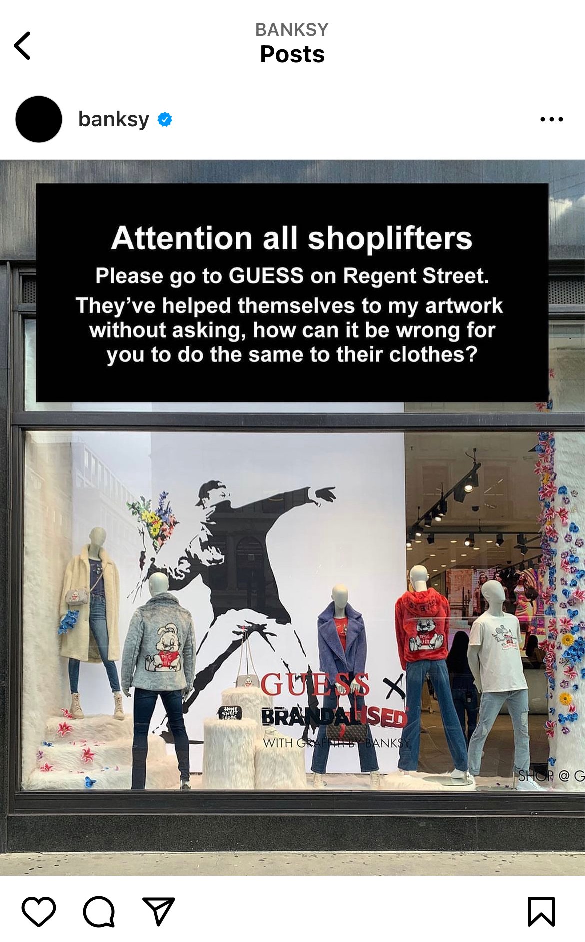 Art Industry News Banksy Encourages Fans To Shoplift From Guess After The Brand ‘helped