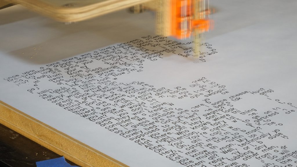 Sunday Nobody's first project, <em>21st Century Religious Manuscript</em> involved getting a robot to write down the entirety of the script of the movie <em>Shrek</em>. Photo courtesy of the artist. 