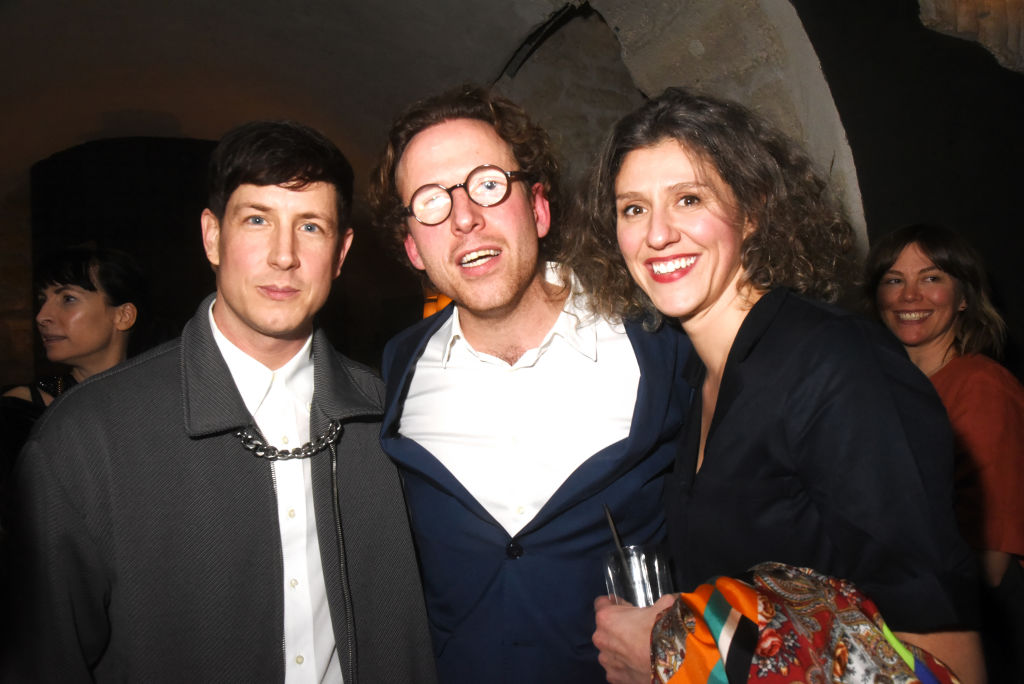 (L-R) Jeremy Shaw, Johann König and Raffaela Zerilli attend the  Malevich Konig Galerie X Technikart Party at Serpent a Plumes on February 25, 2020 in Paris, France. Photo by Foc Kan/WireImage.