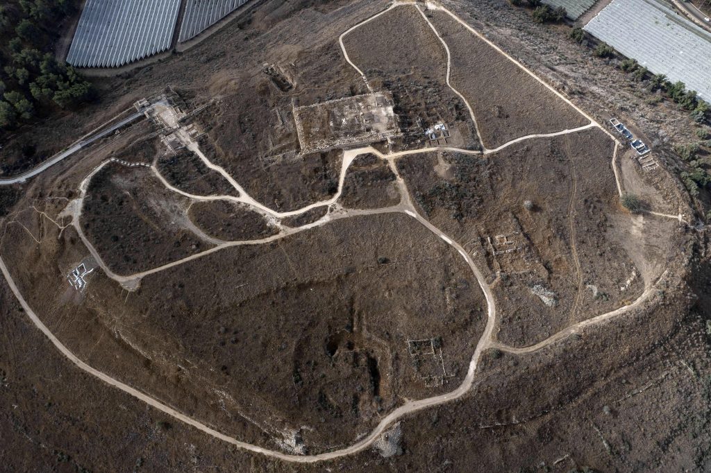 An aerial picture shows the Tel Lachish archeological site, a Canaanite city, where an archaeologists discovered an ivory comb with an inscription that is the oldest known sentence written in an alphabet. Photo by Menahem Kahaha/AFP via Getty Images.