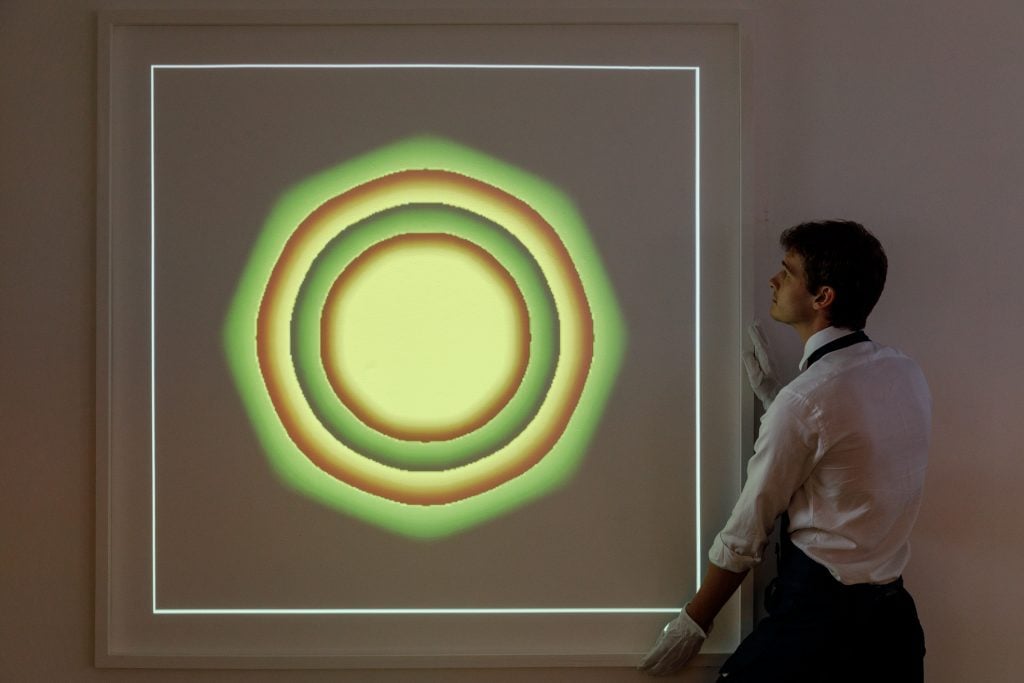 Kevin McCoy’s Quantum (2014)–the first artwork ever minted–at Sotheby's . (Photo by Tristan Fewings/Getty Images for Sotheby's)