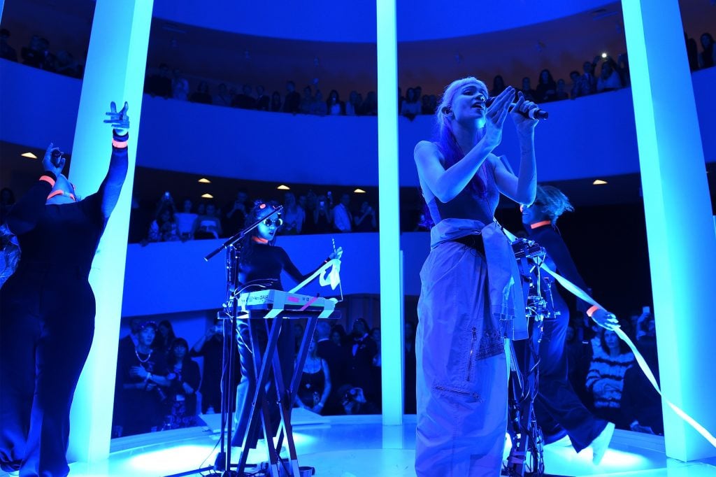 Grimes performing at the 2015 Guggenheim International Gala pre-party at the Solomon R. Guggenheim Museum, New York. (Photo by Nicholas Hunt/Getty Images for Christian Dior)