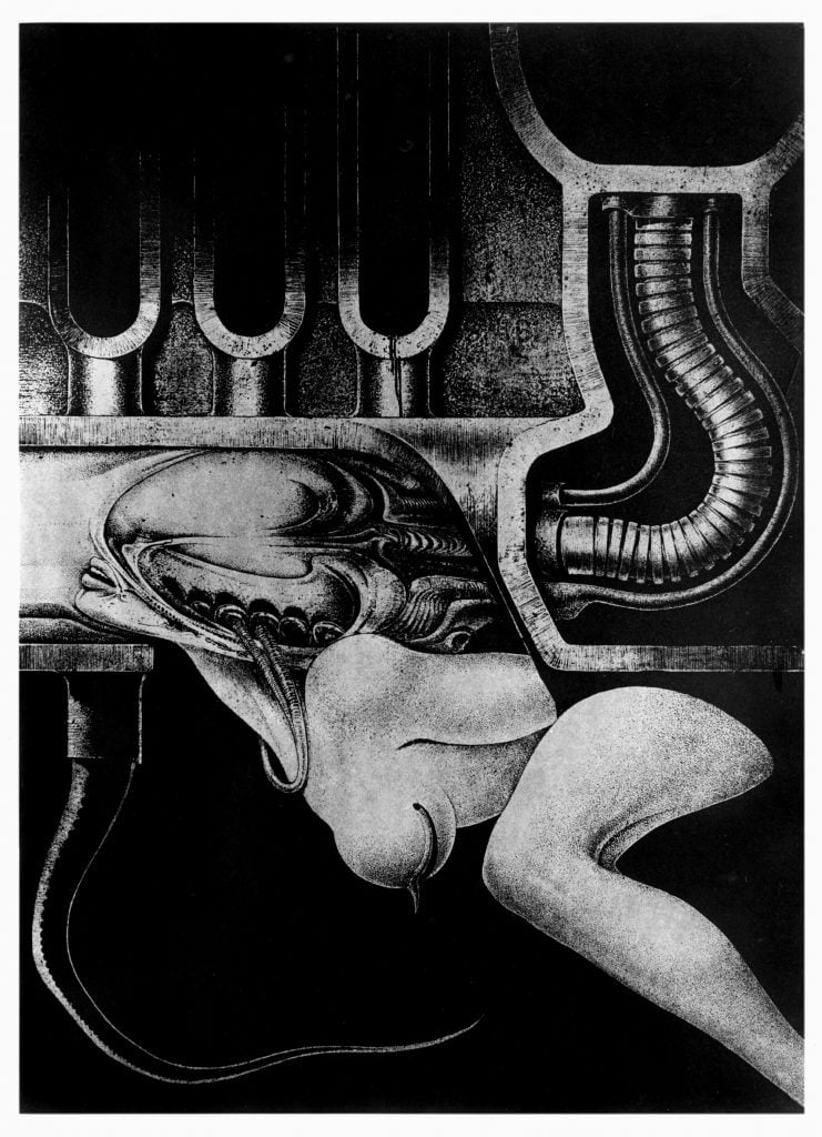 H.R. Giger, <i>Biomechanoid (Biomechanoid Portfolio, 2)</i> (1969); silkscreen on black silver. Courtesy of H.R. Giger Estate and Lomex.