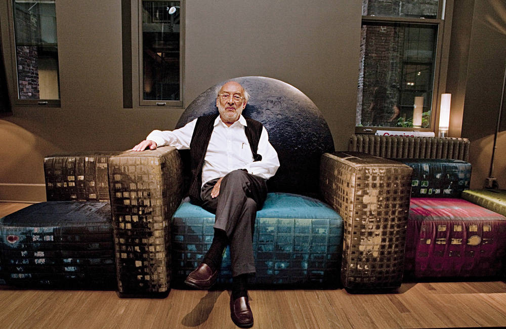 King of the skyline: Gaetano Pesce reclines on the Notturno a-New York by Cassina (1980).