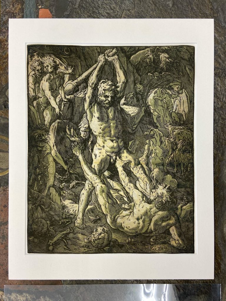 Hendrick Goltzius, (1558–1617), Hercules Killing Cacus, chiaroscuro woodcut print. Courtesy of Glenn Brown.