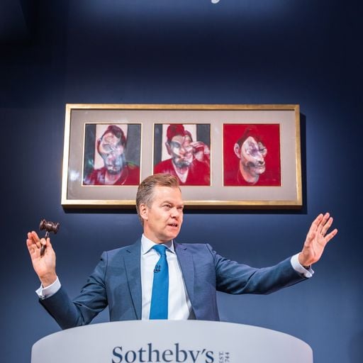 Auctioneer Oliver Barker at Sotheby's contemporary art evening sale on November 16. Photo courtesy of Sotheby's.