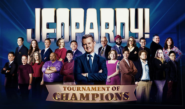 The 2022 <em>Jeopardy</em> Tournament of Champions contestants and host Ken Jennings. Photo ©2022 Sony Pictures Television.