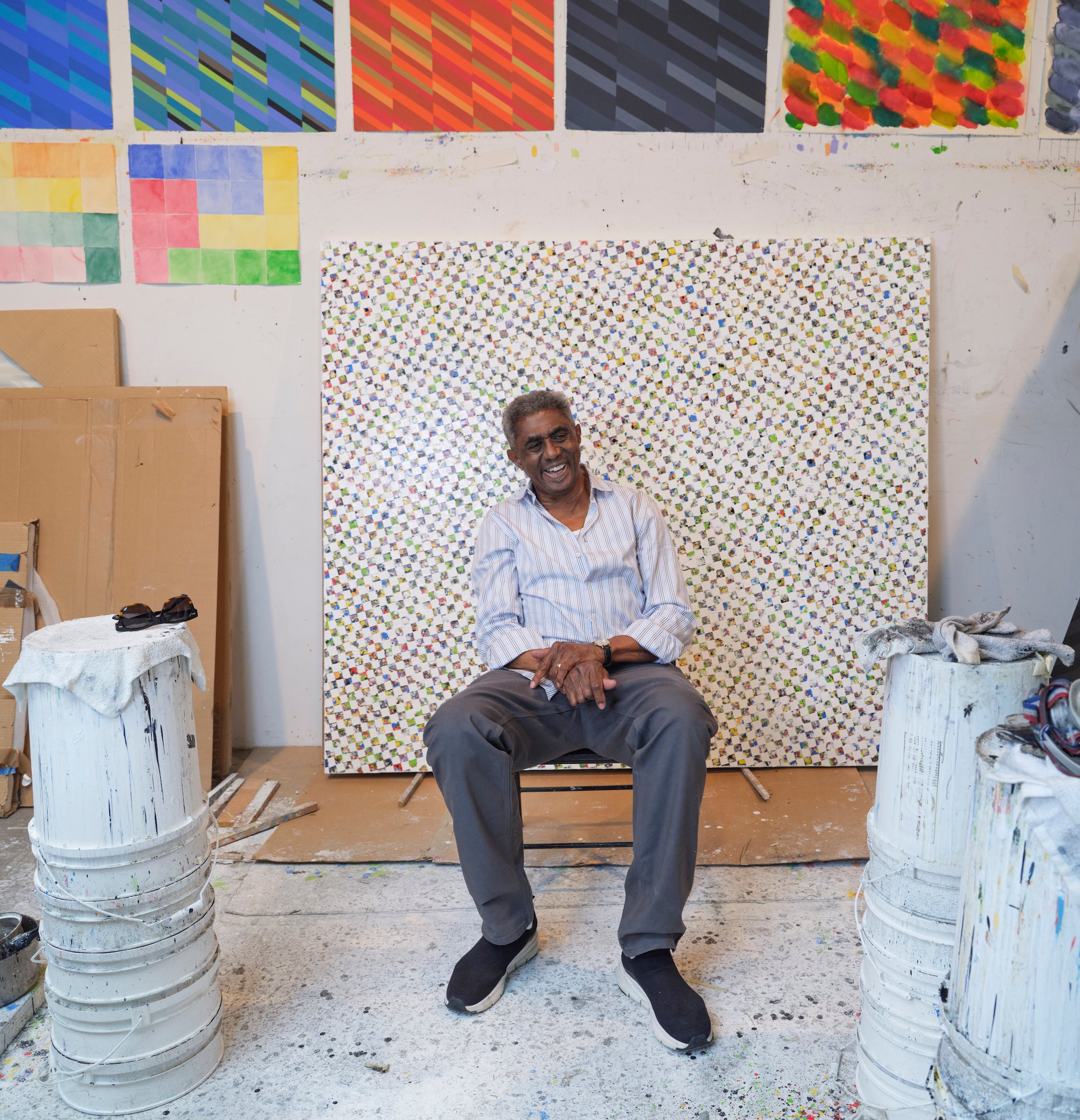 James Little in his Williamsburg, Brooklyn, studio with one of his "White Paintings." Photo by Thomas Barratt, courtesy of Kavi Gupta, Chicago.