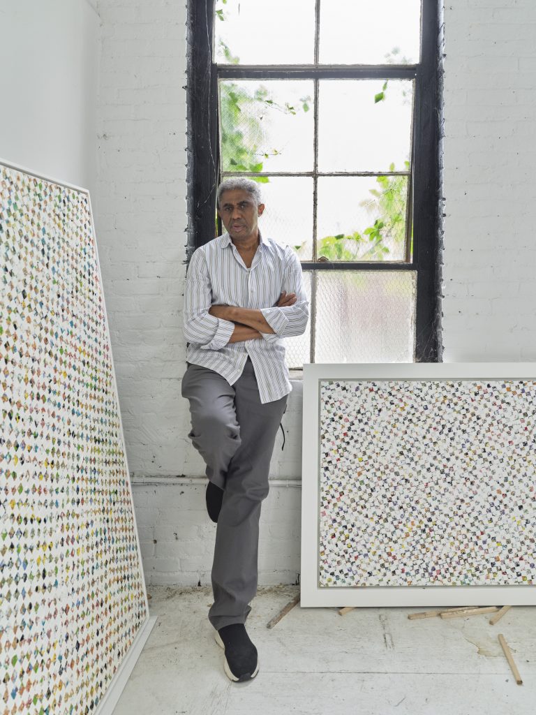James Little in his Williamsburg, Brooklyn, studio with some of his "White Paintings." Photo by Thomas Barratt, courtesy of Kavi Gupta, Chicago. 