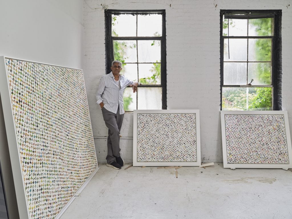 James Little in his Williamsburg, Brooklyn, studio with some of his "White Paintings." Photo by Thomas Barratt, courtesy of Kavi Gupta, Chicago. 