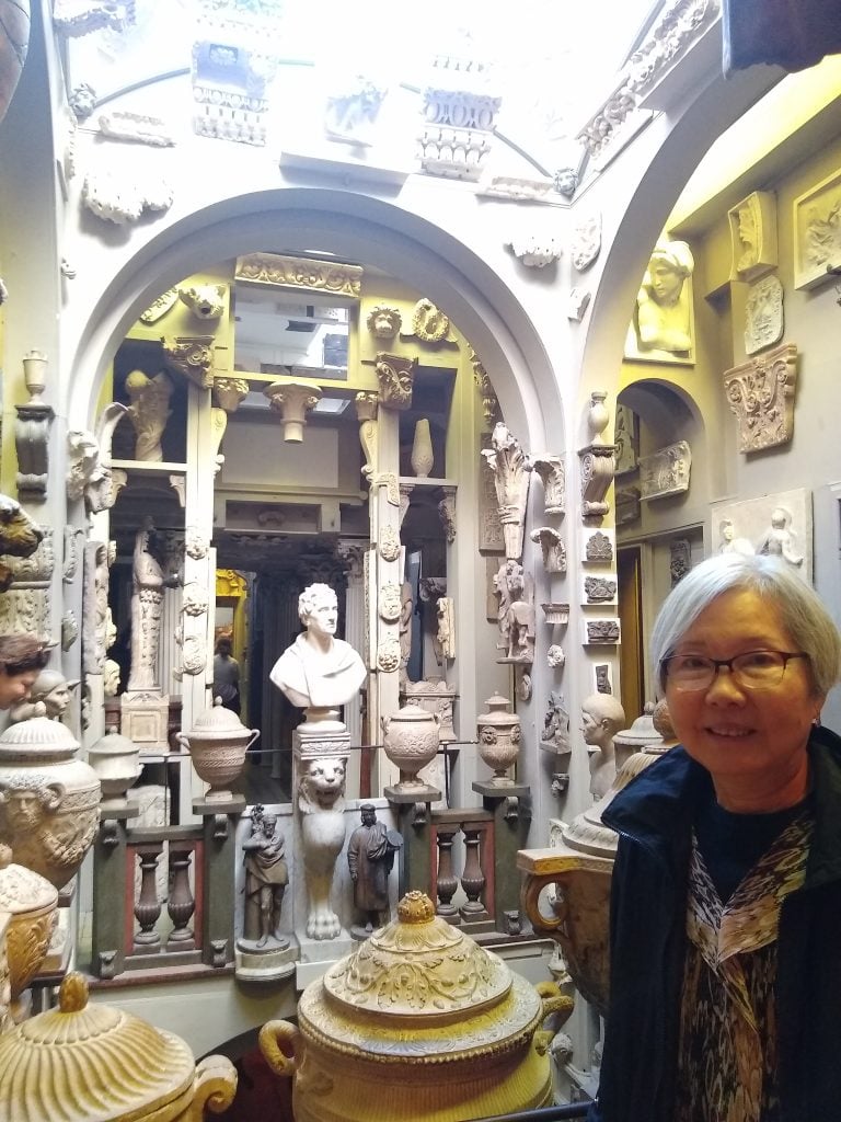 Huang's mother, Jane, at the Sir John Swan Museum during their recent trip to London.  Courtesy of Bettina Huang.