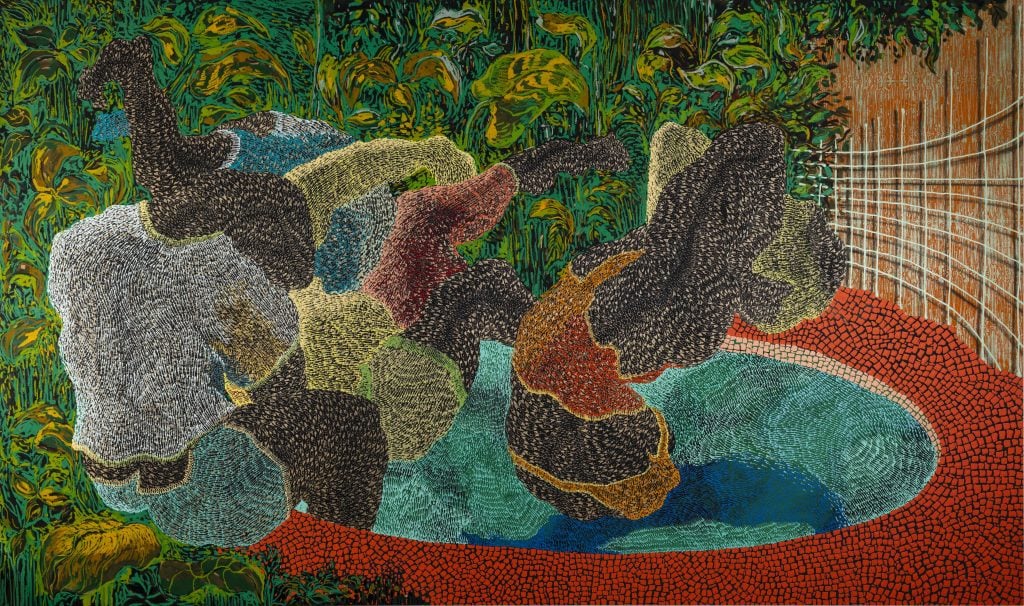 Didier William, <i>Mosaic Pool, Miami</i> (2021); acrylic, collage, ink, wood carving on panel. Courtesy of the collection of Reginald and Aliya Browne.