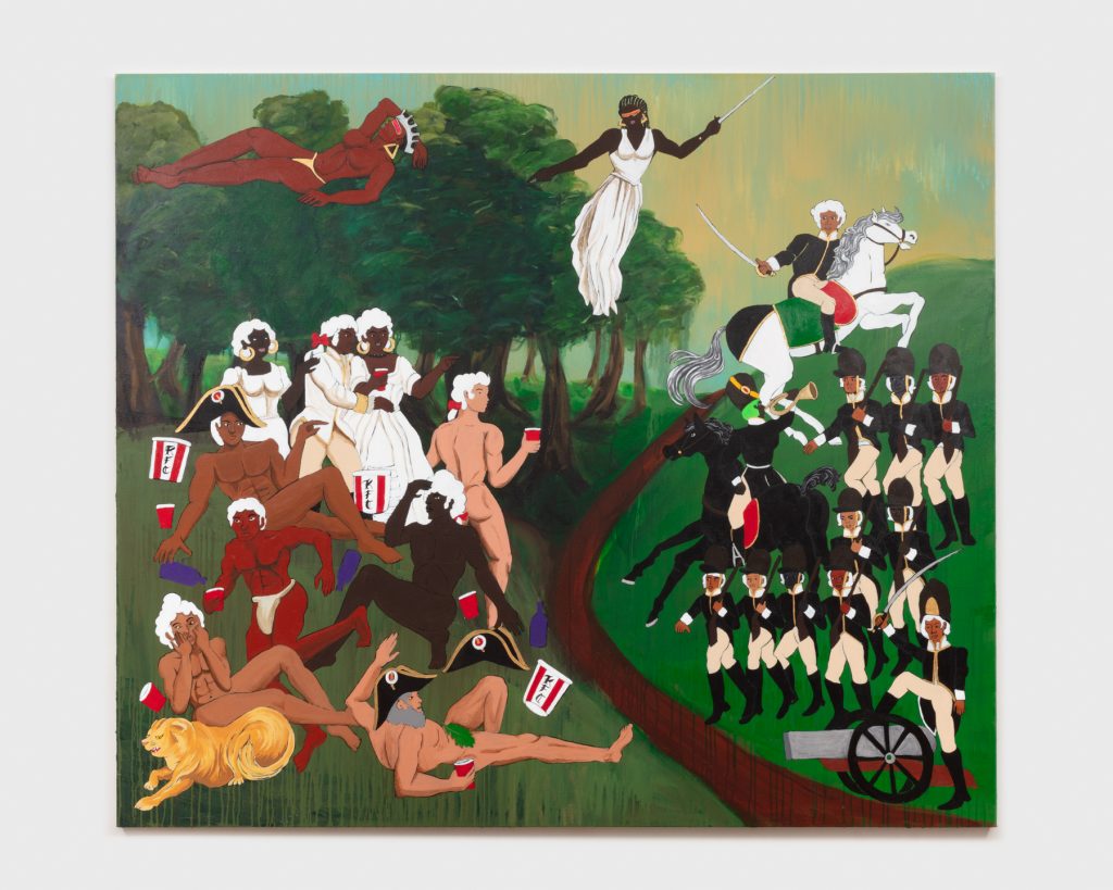 Umar Rashid, <em>Le dejeuner sur l’herbe a été interrompu par des chefs de guerre (After Manet). [The luncheon on the grass was interrupted by warlords]. Or, the historical origin of Kolonial Fried Chicken</em> (2022). Collection of Jarl Mohn. Photo courtesy of Blum and Poe.