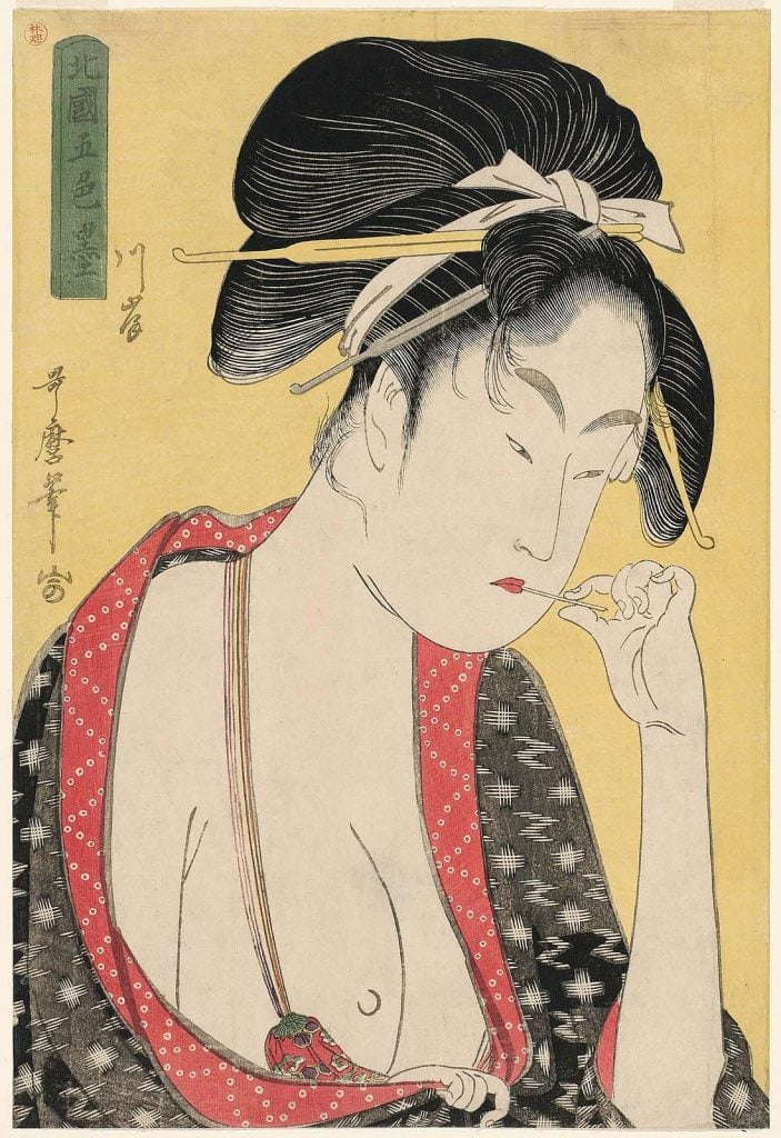 Kitagawa Utamaro, Moatside Prostitute (Kashi), from the series "Five Shades of Ink in the Licensed Quarter (Hokkoku goshiki-zumi), (ca. 1794–95). Collection of the Museum of Fine Art, Boston.