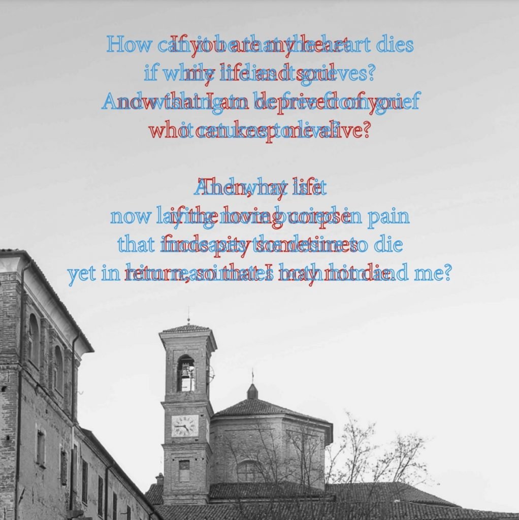 A collage of lyrics from Susan Philipsz's <i>A Song A Part</i> superimposed over the former orphanage turned Museo Civico della Stampa in Mondovì, where the work is presented. Courtesy of the artist.