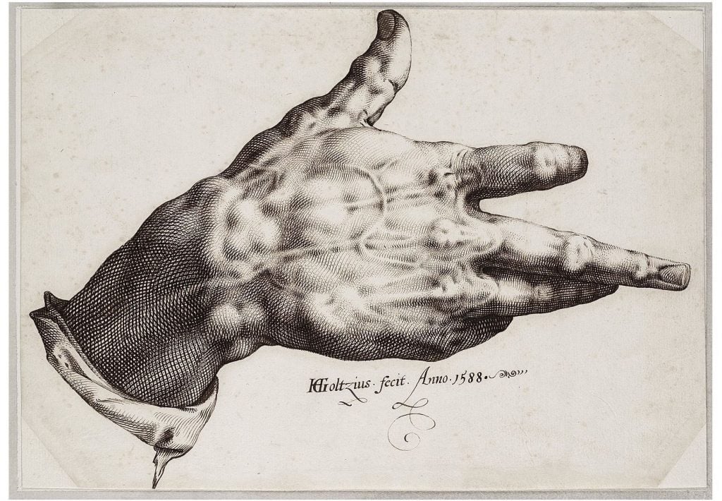 Hendrick Goltzius drawing a hand at the Teylers Museum.