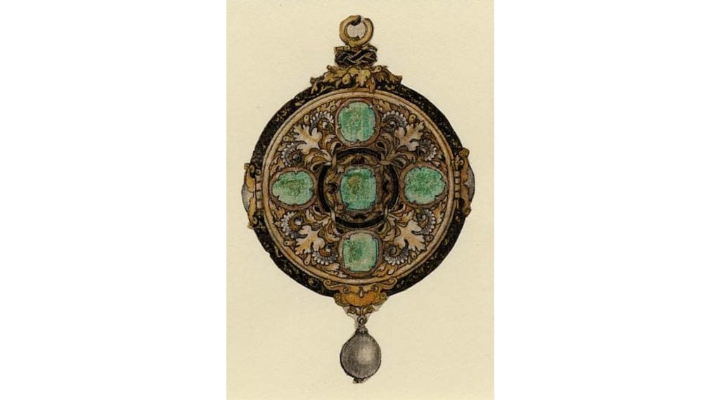 Hans Holbein the Younger, Design for a circular pendant set with five emeralds and a single suspended pearl. One of nine designs for pendant jewels, from the "Jewelry Book." Ca. 1532–43. Collection of the British Museum, London.
