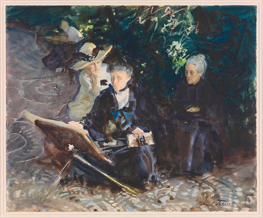 John Singer Sargent, <em>In the Generalife</em> (1912). Emily Sargent can be seen at her easel in this painting of gardens of the Generalife palace at the Alhambra in Granada, Spain, with fellow artist Jane de Glehn (left) and friend Dolores Carmona (right). Collection of the Metropolitan Museum of Art, New York. 