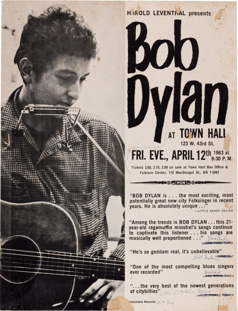 This Bob Dylan 1963 Town Hall, New York, autographed and doodled concert poster sold for $68,750 at Heritage Auctions. Photo courtesy of Heritage Auctions. 